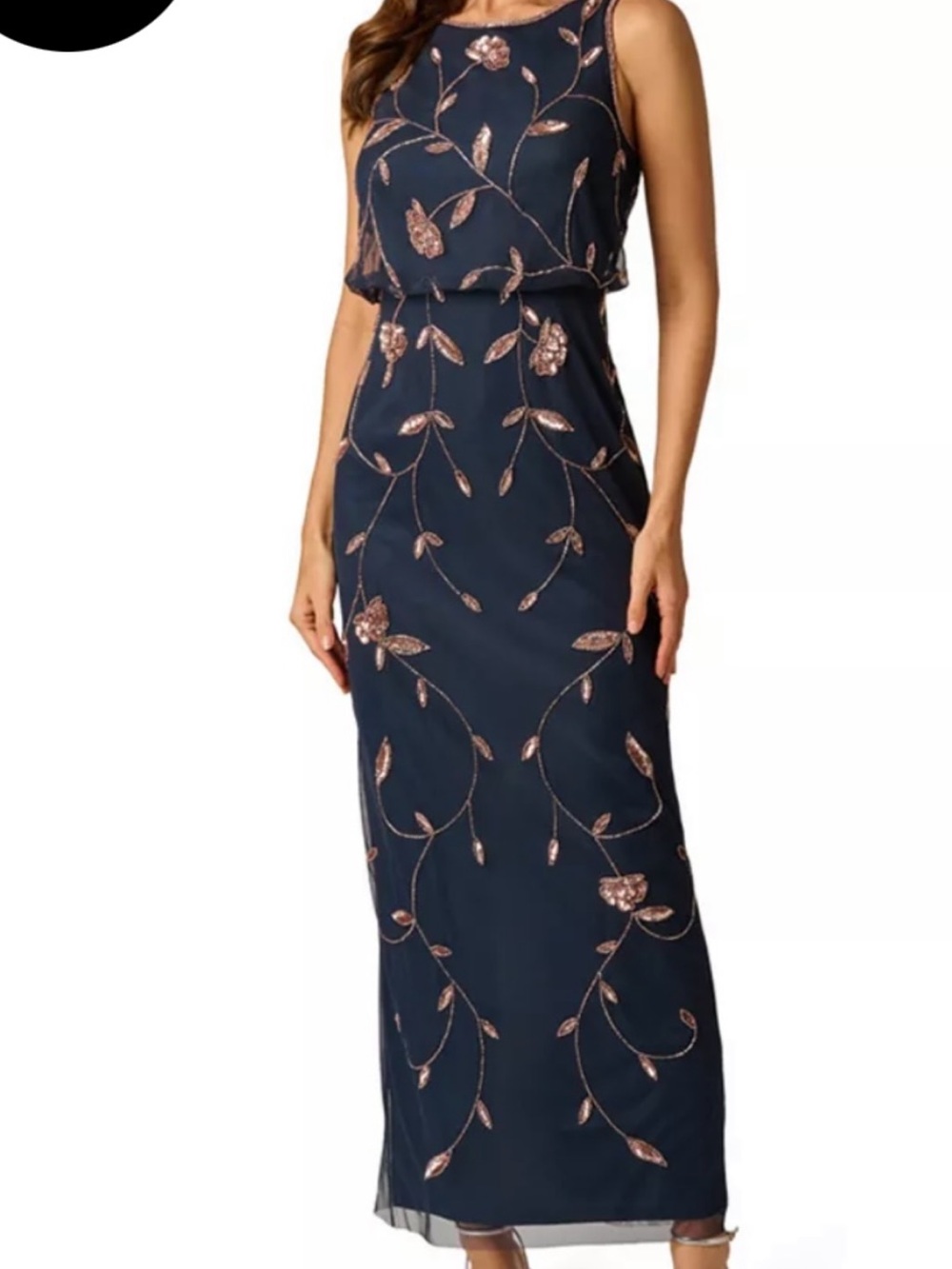 Papell Boutique Navy Maxi Dress with Rose Gold Floral Embroidery
